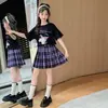 Conjunto de Verão JK Plissado para Meninas com Manga Curta, Conjunto de Duas Peças Vestido de Verão Estilo Academia da Moda para Meninas