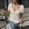 2026 Nuevo Estilo Estilo Suave Color Puro Cuello en V Jacquard Plisado Manga Abullonada Blusa Camisa de Manga Corta Transfronteriza Amazon para Mujer