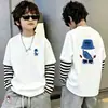 Camiseta Estilo Coreano Menino Bonito Falsa Duas Peças Manga Longa Primavera e Outono Novo Estilo Meninos Médio e Grande Crianças Solta Camada de Base Pura Algodão