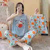 Conjunto de Tres Piezas para Niñas de Verano: Top de Manga Corta, Shorts y Pantalones Largos, Imitación Algodón Seda de Leche, Conjunto de Ropa de Casa de Dibujos Animados, Empaquetado para Venta Transfronteriza