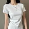Camiseta Coreana de Manga Corta para Mujer 2025, Cuello Redondo, Top Dulce Casual Negro Ajustado, Top Ajustado de Hombro Normal