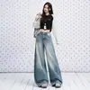 Jeans juveniles naranjas # Lavados y desgastados con textura vintage de pierna ancha para mujer, corte holgado, adelgazantes, modernos, versátiles, pantalones de largo completo