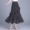 Falda Estampada para Mujer Verano Nueva Cintura Alta Adelgazante Falda Línea A Floral Moda Irregular Hoja de Loto Falda de Gran Oscilación