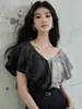 Camisa de Satén con Bloques de Color Estilo Francés de Manga Corta para Mujer, Nuevo Top Holgado Adelgazante con Volantes y Cuello en V, Verano 2025