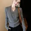 Cárdigan de punto de encaje estilo coreano 2026 con top de punto patchwork, versátil, juvenil, elegante, top básico de alta gama para mujer