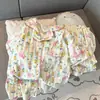 Pijama Feminino Verão Nuvens Algodão Cardigã conjunto 2025 Novo Casual Doce Manga Curta Shorts Fino Roupa de Casa