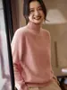 Suéter de Lã 100% Pura Engrossado Outono e Inverno Feminino Gola Alta Meia Pulôver Solto Aparência Emagrecedora Camiseta de Base Tricotada Cor Sólida
