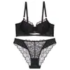 Conjunto de sutiã e calcinha de renda de algodão fino, com design vazado sexy, estilo francês popular europeu e americano, minimiza seios grandes e previne a flacidez