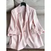 2026 Novo Blazer Feminino de Linho com Gola, Manga Três Quartos e Ombreiras Atacado H13BW26785