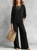 Conjunto de duas peças casual outono e inverno 2026 europeu e americano, top de manga longa casual e calça de perna larga, cor sólida, feminino