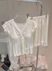 Conjunto de Pijama de Modal con Lunares y Encaje con Almohadillas en el Sujetador Mangas Cortas Pantalones Cortos Pantalones Largos Conjunto de Tres Piezas para Mujer Ropa de Casa para Usar en Verano