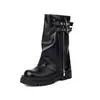 Botas Nuevas para Mujer Otoño/Invierno 2026 Punta Redonda Suela Gruesa Botines Hebilla de Cuero Punk Color Sólido Cremallera Lateral Botas de Moda Comercio Exterior