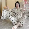 Novos pijamas de algodão plissado nuvem para meninas, conjunto de três peças para primavera e verão, terno feminino com lapela estampada, fofo, para casa