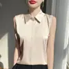 Camisa de satén sin mangas con cuello polo, estilo nuevo de verano para mujer, holgada y versátil, top de acetato para usar como prenda exterior o como capa base, al por mayor