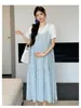 Vestido de Maternidade 2025 Verão Nova Moda Comprimento Médio Solto Falso Duas Peças Saia Floral para Cobrir a Barriga Grávida