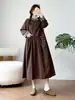 Vestido Feminino Longo de Manga Longa com Gola Xadrez, Estilo Mori Girl Japonês, Caimento Solto, Comprimento Médio, Vestidos Femininos Atacado