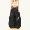 Jeans de ganga casual largo com perna larga e design curvo, com estampa de leopardo retrô e bordado de estrela, para homens e mulheres
