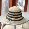 Sombrero de Paja Tejido Vacacional de Playa a Rayas Estilo Japonés para Mujer, Sombrero de Cubo de Verano para Sombra Solar, Sombrero Casual de Protección Solar, Sombrero de Pescador de Moda con Bloques de Color