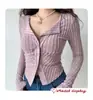 Camiseta de moda estilo europeo y americano, Cárdigan de punto acanalado elástico retro de manga larga para mujer, Top ajustado