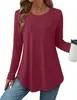 Top Europeo y Americano de Amazon para Mujer de Manga Larga con Ceñido a la Cintura, Camisa de Cuello Redondo Adecuada para Leggings en Otoño, Dobladillo Curvo