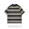 Camiseta de Algodón Pesado Tie-Dye con Rayas Amarillas para Hombre, Cuello Pequeño Retro Americano Manga Corta Oversize Marca de Moda Manga Tres Cuartos