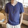 Camiseta de Lino Bordada para Hombre Estilo Chino Camiseta de Manga Corta Holgada Talla Grande Delgada Casual Hebilla Vintage Algodón y Lino Top