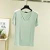 Nueva camiseta base casual de manga corta con cuello en V para mujer, talla grande, estilo coreano, color liso, para primavera y verano