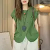 Top de verano para mujer nuevo, chic estilo coreano, de seda helada, fruncido, cuello redondo, manga corta, manga de mariposa asimétrica