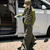 Conjunto de Dos Piezas para Niñas: Chaleco de Punto Rayado Colorido Estilo Coreano Nuevo Otoño y Top de Manga Larga Ajustado con Pantalones Cargo