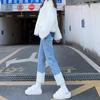 Azul claro Jeans Rectos con Forro Polar para Mujer 2023 Otoño e Invierno Nuevos Costuras Cintura Alta Adelgazantes Pequeños Pantalones Tubo Humo Nueve Puntos