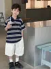 Camisa Polo de Moda Veraniega para Niños Tongku 2026 con Bordado de Letras para Niños Mayores, Camiseta Versátil de Rayas para Niños de Manga Corta