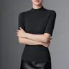 Camiseta de malha base gola alta 100% imitação de lã pura para mulheres, manga média, padrão espinha de peixe, suéter slim fit, top para camada interna