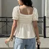 2026 Nuevo Estilo Estilo Suave Color Puro Cuello en V Jacquard Plisado Manga Abullonada Blusa Camisa de Manga Corta Transfronteriza Amazon para Mujer