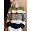 Cardigan Tricô Color Block Listrado Design Moderno para Mulheres Outono/Inverno Nova Chegada Cor Contrastante Versátil Casaco Suéter
