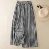 Pantalones Casuales de Cuadros Vintage de Pierna Ancha para Mujer, Pantalón Falda Holgado, Pantalones Cortos Delgados de Cintura Alta para Verano 2026, Pantalones de Algodón y Lino
