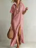 2026 Amazon Comercio exterior transfronterizo europeo y americano ropa de mujer verano nuevo producto cuello en V manga corta rayado abertura vestido de algodón y lino