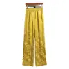 Populares Pantalones de Pierna Ancha de Satén Jacquard Estilo Chino Nuevo para Mujer Moda Primavera y Verano Botón de Cintura Alta Pantalones Rectos