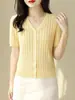 Cárdigan Casual de Lyocell Hueco con Cuello en V de Manga Corta para Mujer, Abrigo de Punto con Textura Retorcida y Botones para Verano