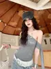 33105# Top sin mangas retro americano irregular de un solo hombro tachonado con pedrería y letra, sin espalda, con copas en el pecho, top elegante sin espalda para mujer