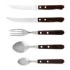 Conjunto de talheres de cinco peças com cabo de aço inoxidável, incluindo faca, garfo e colher. Ideal para restaurantes e hotéis. Novo design criativo com cabo de madeira.