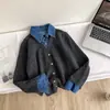 Suéter de punto tipo dos piezas con patchwork de mezclilla estilo coreano para mujer, holgado y adelgazante, adecuado para ir al trabajo, versátil para otoño 2026