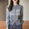 Suéter de Tricô Jacquard com Blocos de Cor e Gola Redonda Outono/Inverno 2025 para Mulheres Jaqueta Cardigã de Algodão Puro com Design de Zíper Duplo Outono/Inverno Novo para Mulheres