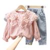 2025Ancorelala Outono Nova Roupa Infantil Menina Fofa Gola Grande Renda Top Calça Jeans Conjunto