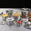 Pote de Condimentos de Aço Inoxidável 201 com Tampa, Pote de Condimentos Redondo Doméstico, Recipiente de Sabores de Aço Inoxidável, Tigela de Condimentos, Grande Capacidade Atacado