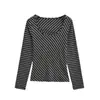 Camiseta Listrada Manga Longa Decote Baixo Tendência e Estilosa para Mulheres, Nova Peça Básica Slim Fit de Outono