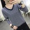 Camiseta de Algodão Listrada de Manga Longa Plus Size para Mulheres, Foto Real Transfronteiriça, Modelagem Solta Plus Size para Mulheres Cheinhas, Camiseta Básica de Algodão Colorido Escovado