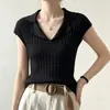 Camiseta de Manga Corta con Cuello en V Color Albaricoque Estilo Old Money para Mujer, Camisa Polo de Verano con Cuello Campana, Top Ajustado de Punto de Seda Helada