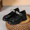 Sapatos de Salto Alto Casuais Versáteis Estilo Fada Couro Patente Primavera/Verão 2026 para Mulheres com Fivela, Cor Sólida, Sapatos Mary Jane de Solado Grosso