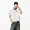 Camisa de Trabajo Color Caqui Manga Corta para Hombre Verano Minimalista Americano Holgada Cuello Campana Diseño con Cordón Camisa de Pareja Pulgada Tendencia