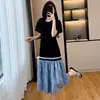 Vestido de Retazos para Mujer de Comercio Exterior Tk Transfronterizo, Estilo Francés de Verano Talla Grande, Vestido de Línea A Adelgazante Exquisito de Gama Alta